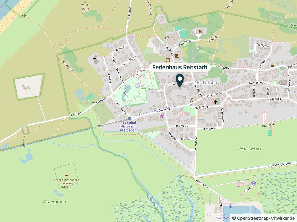 Karte von Spiekeroog mit markierter Lage des Ferienhauses In d’ Kamp 3